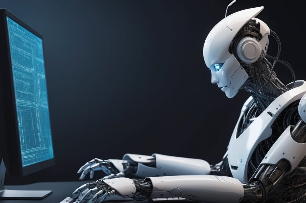 003 A humanoid robot write program code on PC progra main - LUT.agency