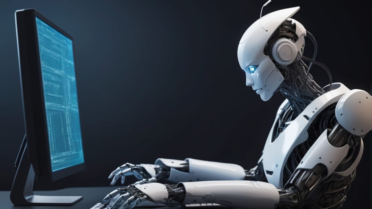 003 A humanoid robot write program code on PC progra main - LUT.agency